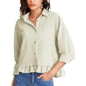 imageFlygo Womens 34 Sleeve Striped Button Down Shirts Cropped Ruffle Hem Casual Collared Drop Shoulder Cotton Blouse Summer TopsOlive