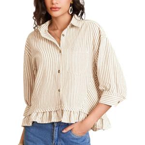 imageFlygo Womens 34 Sleeve Striped Button Down Shirts Cropped Ruffle Hem Casual Collared Drop Shoulder Cotton Blouse Summer TopsTan