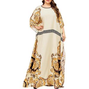 imageFlygo Womens Batwing Plaid Floral Printed Long Short Sleeves Maxi Dress Oversized Sleep Loungewear One Size Champange