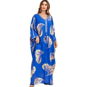 imageFlygo Womens Batwing Plaid Floral Printed Long Sleeve Oversized Maxi Dress Sleep LoungewearLeaf BlueOne Size