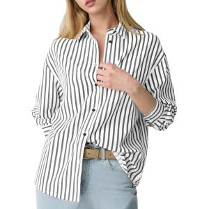imageFlygo Womens Button Down Striped Shirt Casual Collared Cotton Oversized Long Sleeve Work Blouse TopsBlack