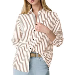 imageFlygo Womens Button Down Striped Shirt Casual Collared Cotton Oversized Long Sleeve Work Blouse TopsBrown