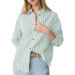 imageFlygo Womens Button Down Striped Shirt Casual Collared Cotton Oversized Long Sleeve Work Blouse TopsGreen