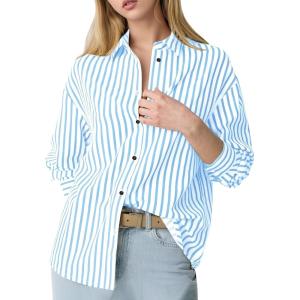 imageFlygo Womens Button Down Striped Shirt Casual Collared Cotton Oversized Long Sleeve Work Blouse TopsLight Blue
