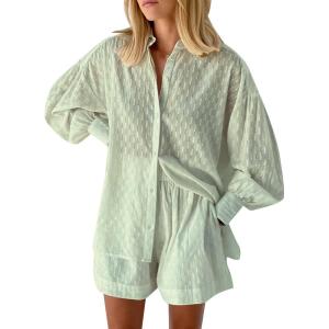 imageFlygo Womens Casual 2 Piece Outfits Puff Sleeve Button Down Blouse High Waisted Shorts SetLightgreen
