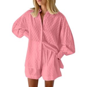 imageFlygo Womens Casual 2 Piece Outfits Puff Sleeve Button Down Blouse High Waisted Shorts SetPink