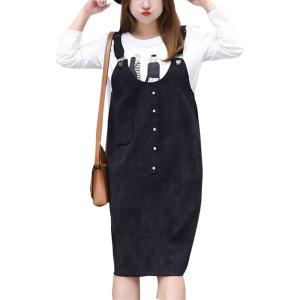 imageFlygo Womens Casual Loose Midi Long Corduroy Pinafore Overall Dress SkirtBlack
