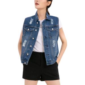imageFlygo Womens Casual Plus Size Buttoned Distressed Washed Denim Vest Sleeveless Jean Jacket W Chest Flap PocketsRipped Blue