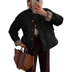 imageFlygo Womens Casual Quilted Puffer Jacket Leopard Lined Collarless Cropped Button Down Winter Warm Lightweight Bomber CoatBlack