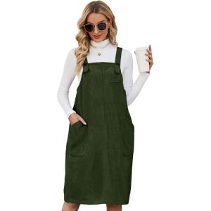 imageFlygo Womens Corduroy Jumper Overall Pinafore Midi Dress Skirt with PocketsArmy Green