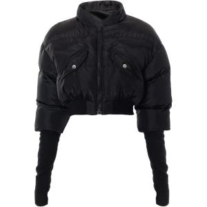 imageFlygo Womens Cropped Puffer Jacket Long Sleeve Thumbhole Padded Bubble Coat Y2K Bomber JacketBlack