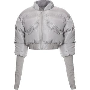 imageFlygo Womens Cropped Puffer Jacket Long Sleeve Thumbhole Padded Bubble Coat Y2K Bomber JacketGrey
