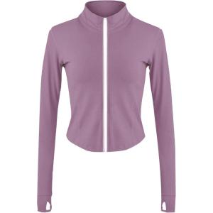 imageFlygo Womens Cropped Workout Jacket 12 Zip Athletic Yoga Pullover Top with Thumb Hole 02 Purple XXLarge