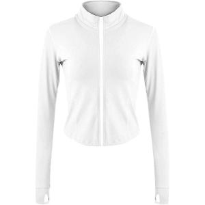 imageFlygo Womens Cropped Workout Jacket 12 Zip Athletic Yoga Running Pullover Tops with Thumb Hole02 White