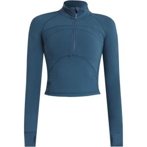 imageFlygo Womens Cropped Workout Jacket 12 Zip Athletic Yoga Running Pullover Tops with Thumb HoleBlue