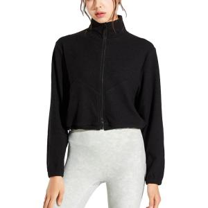 imageFlygo Womens Full Zip Active Running Crop Jacket Casual Long Sleeve SweatshirtBlack