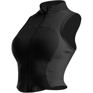 imageFlygo Womens Full Zip Cropped Athletic Tank Tops Sleeveless Active Vest Yoga JacketBlack