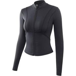 imageFlygo Womens Full Zip Lightweight Workout Athletic Yoga Jacket With Thumb HoleBlack