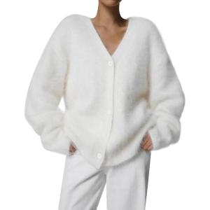 imageFlygo Womens Fuzzy Mohair Cardigan Sweaters V Neck Button Down Long Sleeve Fluffy Knit Open Front Slouchy Furry SweaterWhite
