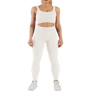 imageFlygo Womens Gym Yoga Outfits 2 Piece Ribbed Sports Bra High Waist Leggings Set Workout TracksuitsBeige
