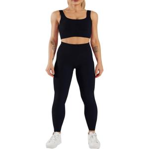 imageFlygo Womens Gym Yoga Outfits 2 Piece Ribbed Sports Bra High Waist Leggings Set Workout TracksuitsBlack