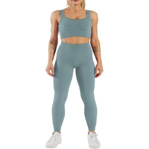 imageFlygo Womens Gym Yoga Outfits 2 Piece Ribbed Sports Bra High Waist Leggings Set Workout TracksuitsBlue