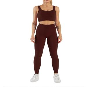 imageFlygo Womens Gym Yoga Outfits 2 Piece Ribbed Sports Bra High Waist Leggings Set Workout TracksuitsCoffee