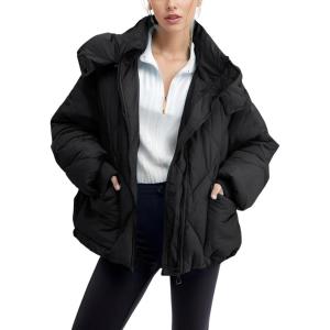 imageFlygo Womens Hooded Oversized Puffer Jacket Zip up Quilted Down Long Sleeve Winter Warm Hoodies Coat1black