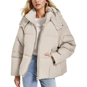imageFlygo Womens Hoodies Puffer Jacket Zip Up Quilted Hooded Bubble Padded Down Winter Coats Long Sleeve Jackets with PocketsBeige