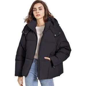 imageFlygo Womens Hoodies Puffer Jacket Zip Up Quilted Hooded Bubble Padded Down Winter Coats Long Sleeve Jackets with PocketsBlack