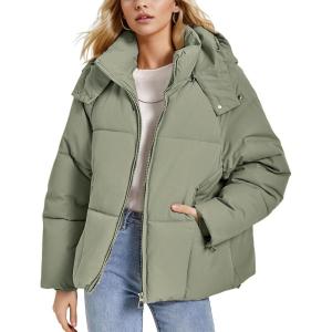 imageFlygo Womens Hoodies Puffer Jacket Zip Up Quilted Hooded Bubble Padded Down Winter Coats Long Sleeve Jackets with PocketsGreygreen