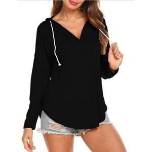 imageFlygo Womens Hoodies Tops Solid V Neck Long Sleeve TShirts Blouse Tunics Drawstring Pullover SweatshirtsBlack