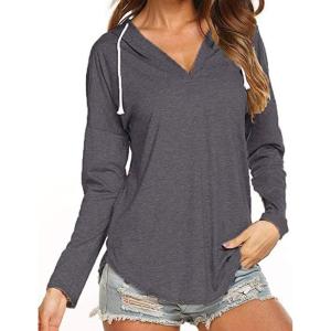 imageFlygo Womens Hoodies Tops Solid V Neck Long Sleeve TShirts Blouse Tunics Drawstring Pullover SweatshirtsDark Grey