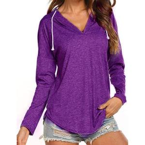 imageFlygo Womens Hoodies Tops Solid V Neck Long Sleeve TShirts Blouse Tunics Drawstring Pullover SweatshirtsPurple
