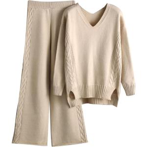 imageFlygo Womens Knitted Outfits Sweater Sets Pullover Jumper Long Pants 2 Piece Set LoungewearApricot