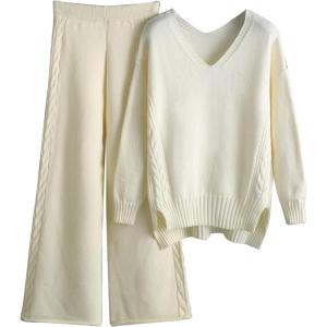 imageFlygo Womens Knitted Outfits Sweater Sets Pullover Jumper Long Pants 2 Piece Set LoungewearBeige