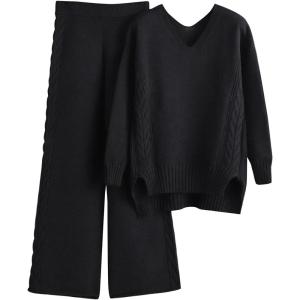 imageFlygo Womens Knitted Outfits Sweater Sets Pullover Jumper Long Pants 2 Piece Set LoungewearBlack