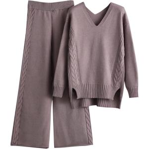 imageFlygo Womens Knitted Outfits Sweater Sets Pullover Jumper Long Pants 2 Piece Set LoungewearPurple