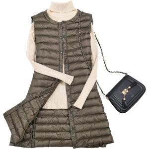 imageFlygo Womens Lightweight Button Up Quilted MidLong Packable Puffer Vest Waistcoat Gilet JacketsArmy Green