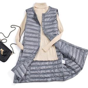 imageFlygo Womens Lightweight Button Up Quilted MidLong Packable Puffer Vest Waistcoat Gilet JacketsGrey