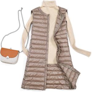 imageFlygo Womens Lightweight Button Up Quilted MidLong Packable Puffer Vest Waistcoat Gilet JacketsKhaki