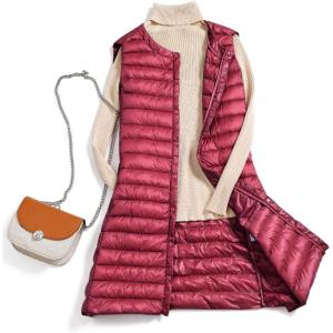 imageFlygo Womens Lightweight Button Up Quilted MidLong Packable Puffer Vest Waistcoat Gilet JacketsWine Red
