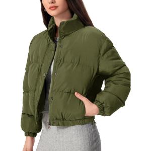 imageFlygo Womens Lightweight Quilted Jacket Long Sleeve Stand Collar Zipper Cropped Puffer Jacket Warm Winter CoatArmy Green