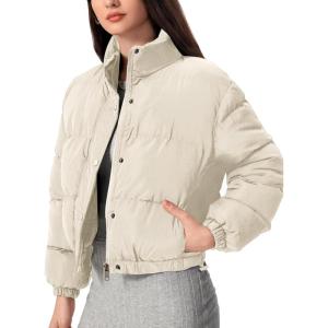imageFlygo Womens Lightweight Quilted Jacket Long Sleeve Stand Collar Zipper Cropped Puffer Jacket Warm Winter CoatBeige