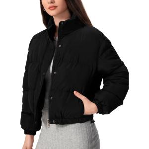 imageFlygo Womens Lightweight Quilted Jacket Long Sleeve Stand Collar Zipper Cropped Puffer Jacket Warm Winter CoatBlack