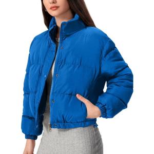 imageFlygo Womens Lightweight Quilted Jacket Long Sleeve Stand Collar Zipper Cropped Puffer Jacket Warm Winter CoatBlue