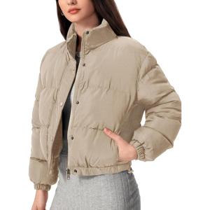 imageFlygo Womens Lightweight Quilted Jacket Long Sleeve Stand Collar Zipper Cropped Puffer Jacket Warm Winter CoatKhaki