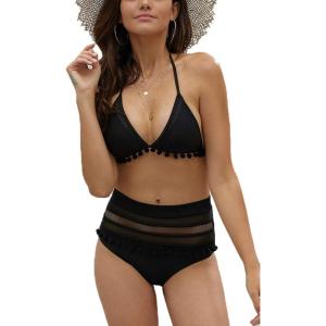 imageFlygo Womens Mesh High Waisted Bikini Set Tassel Trip Hater Neck Top SwimsuitBlack
