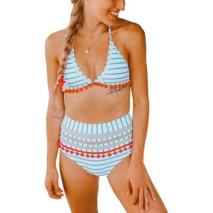 imageFlygo Womens Mesh High Waisted Bikini Set Tassel Trip Hater Neck Top SwimsuitBlue Stripe