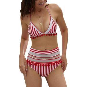 imageFlygo Womens Mesh High Waisted Bikini Set Tassel Trip Hater Neck Top SwimsuitRed Stripe